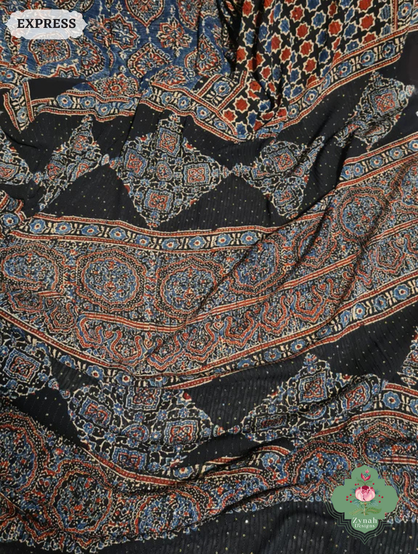 Zynah Indigo & Madder Red Hand-Block Printed Georgette Silk Ajrakh Saree with Sequins Highlight; Custom Stitched/Ready-made Blouse, Fall, Petticoat; SKU: 1004202511