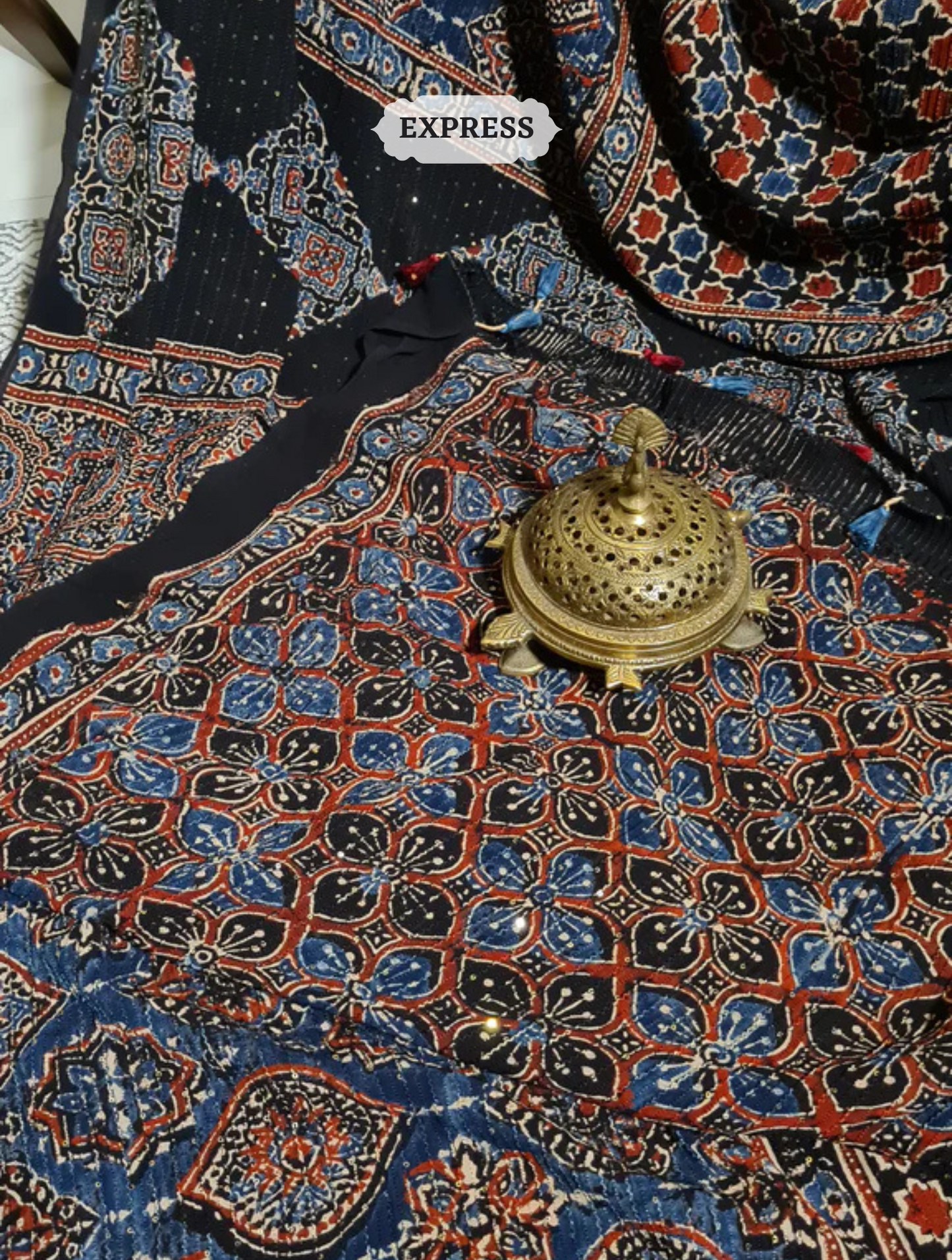 Zynah Indigo & Madder Red Hand-Block Printed Georgette Silk Ajrakh Saree with Sequins Highlight; Custom Stitched/Ready-made Blouse, Fall, Petticoat; SKU: 1004202511