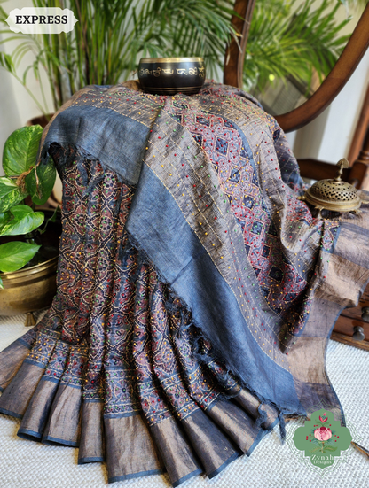 Zynah Indigo & Maroon Pure Tussar Silk Hand Block Print Ajrakh Saree With Hand Embroidery; Custom Stitched/Ready-made Blouse, Fall, Petticoat; SKU: 2409202508