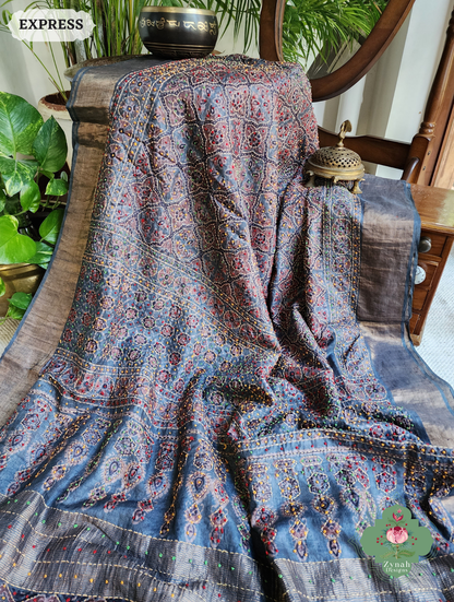 Zynah Indigo & Maroon Pure Tussar Silk Hand Block Print Ajrakh Saree With Hand Embroidery; Custom Stitched/Ready-made Blouse, Fall, Petticoat; SKU: 2409202508