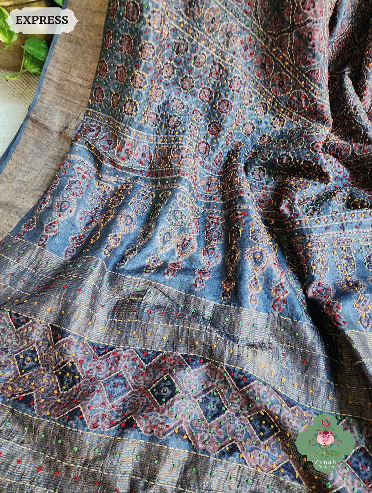 Zynah Indigo & Maroon Pure Tussar Silk Hand Block Print Ajrakh Saree With Hand Embroidery; Custom Stitched/Ready-made Blouse, Fall, Petticoat; SKU: 2409202508
