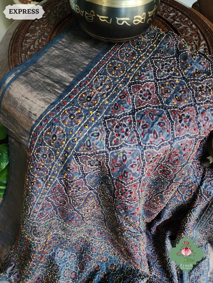 Zynah Indigo & Maroon Pure Tussar Silk Hand Block Print Ajrakh Saree With Hand Embroidery; Custom Stitched/Ready-made Blouse, Fall, Petticoat; SKU: 2409202508