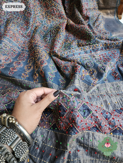 Zynah Indigo & Maroon Pure Tussar Silk Hand Block Print Ajrakh Saree With Hand Embroidery; Custom Stitched/Ready-made Blouse, Fall, Petticoat; SKU: 2409202508