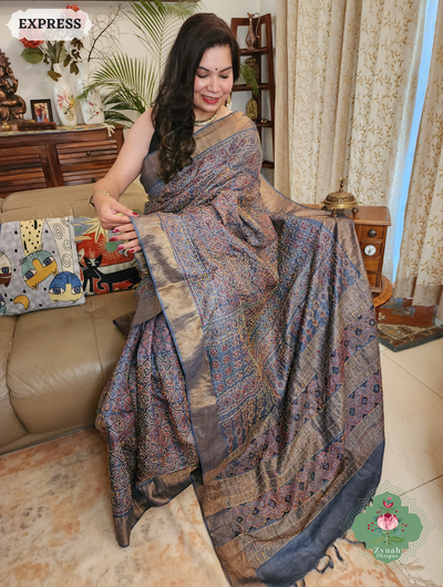 Zynah Indigo & Maroon Pure Tussar Silk Hand Block Print Ajrakh Saree With Hand Embroidery; Custom Stitched/Ready-made Blouse, Fall, Petticoat; SKU: 2409202508