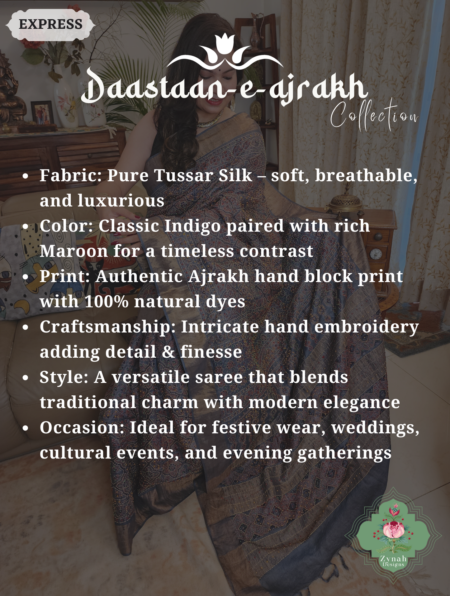 Zynah Indigo & Maroon Pure Tussar Silk Hand Block Print Ajrakh Saree With Hand Embroidery; Custom Stitched/Ready-made Blouse, Fall, Petticoat; SKU: 2409202508