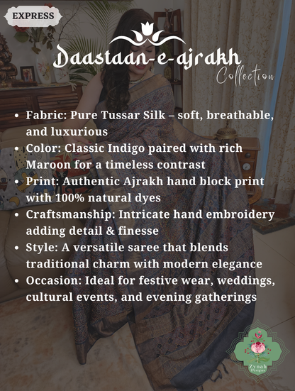 Zynah Indigo & Maroon Pure Tussar Silk Hand Block Print Ajrakh Saree With Hand Embroidery; Custom Stitched/Ready-made Blouse, Fall, Petticoat; SKU: 2409202508