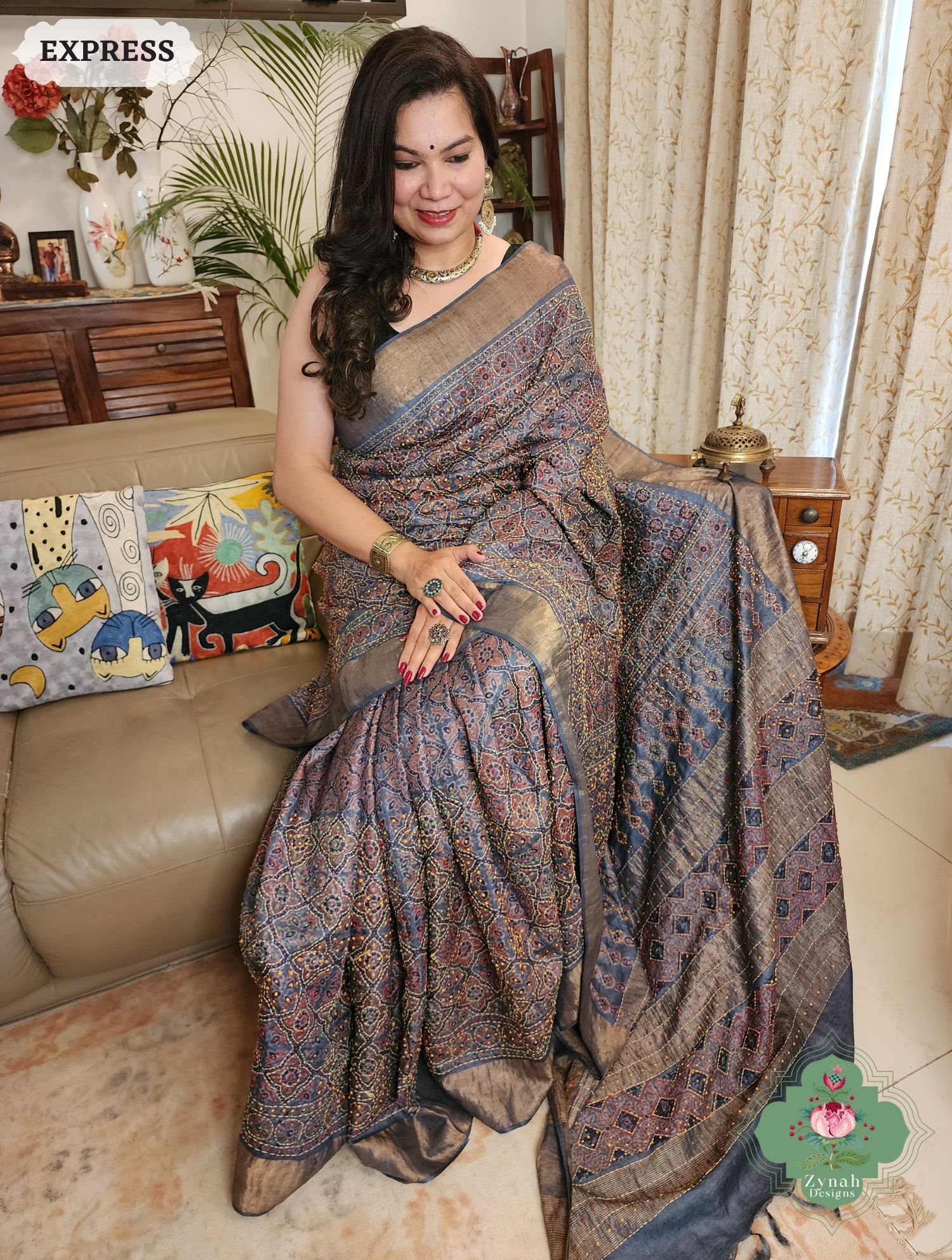 Zynah Indigo & Maroon Pure Tussar Silk Hand Block Print Ajrakh Saree With Hand Embroidery; Custom Stitched/Ready-made Blouse, Fall, Petticoat; SKU: 2409202508