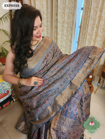 Zynah Indigo & Maroon Pure Tussar Silk Hand Block Print Ajrakh Saree With Hand Embroidery; Custom Stitched/Ready-made Blouse, Fall, Petticoat; SKU: 2409202508