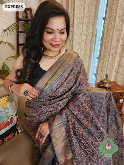 Zynah Indigo & Maroon Pure Tussar Silk Hand Block Print Ajrakh Saree With Hand Embroidery; Custom Stitched/Ready-made Blouse, Fall, Petticoat; SKU: 2409202508