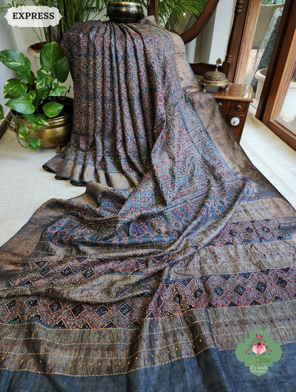 Zynah Indigo & Maroon Pure Tussar Silk Hand Block Print Ajrakh Saree With Hand Embroidery; Custom Stitched/Ready-made Blouse, Fall, Petticoat; SKU: 2409202508