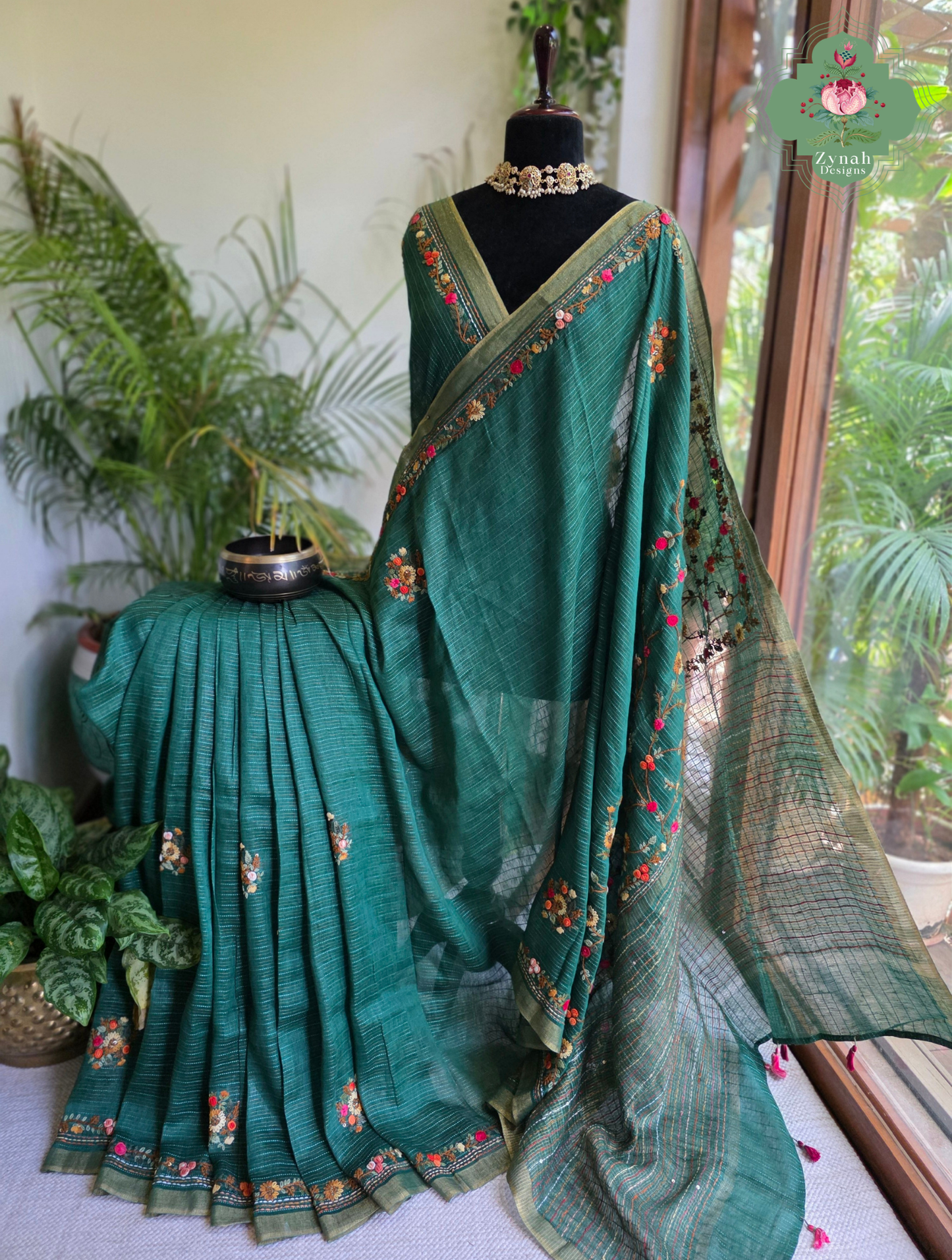 Ira | Green Pure Silk Linen Saree With Hand Embroidery