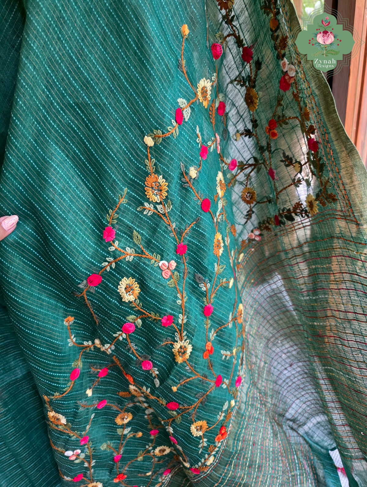 Ira | Green Pure Silk Linen Saree With Hand Embroidery