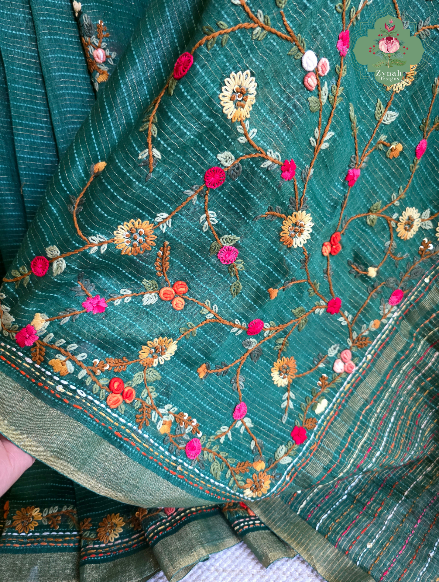 Ira | Green Pure Silk Linen Saree With Hand Embroidery