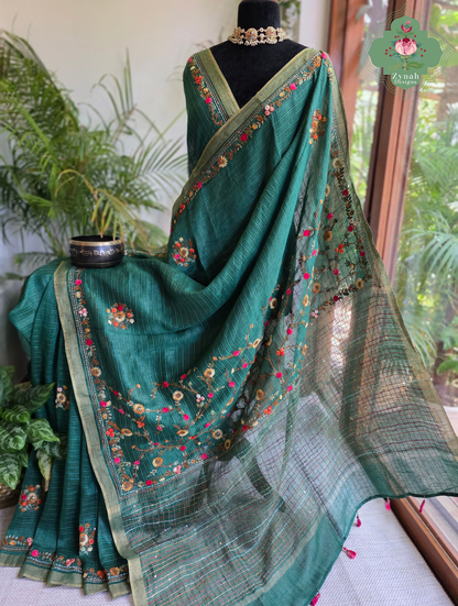 Ira | Green Pure Silk Linen Saree With Hand Embroidery