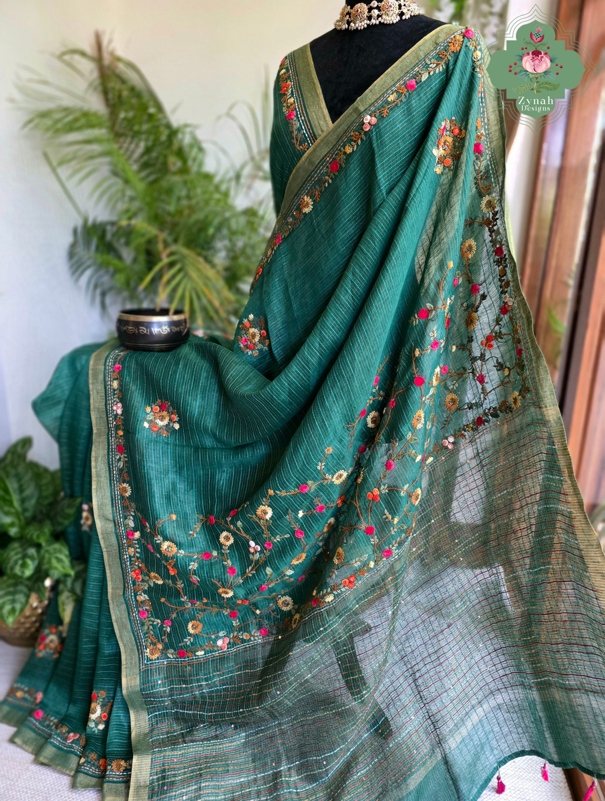 Ira | Green Pure Silk Linen Saree With Hand Embroidery