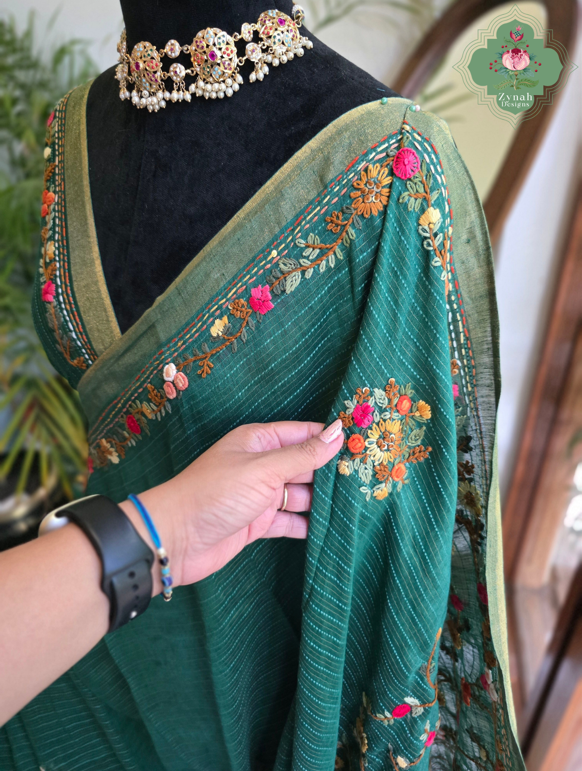 Ira | Green Pure Silk Linen Saree With Hand Embroidery