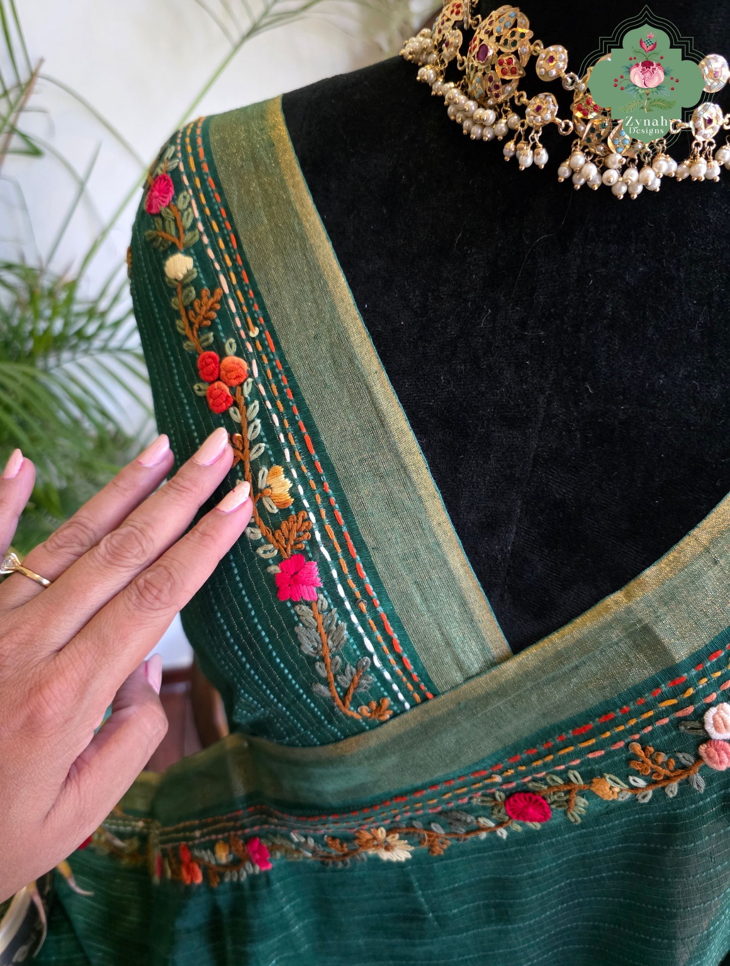Ira | Green Pure Silk Linen Saree With Hand Embroidery