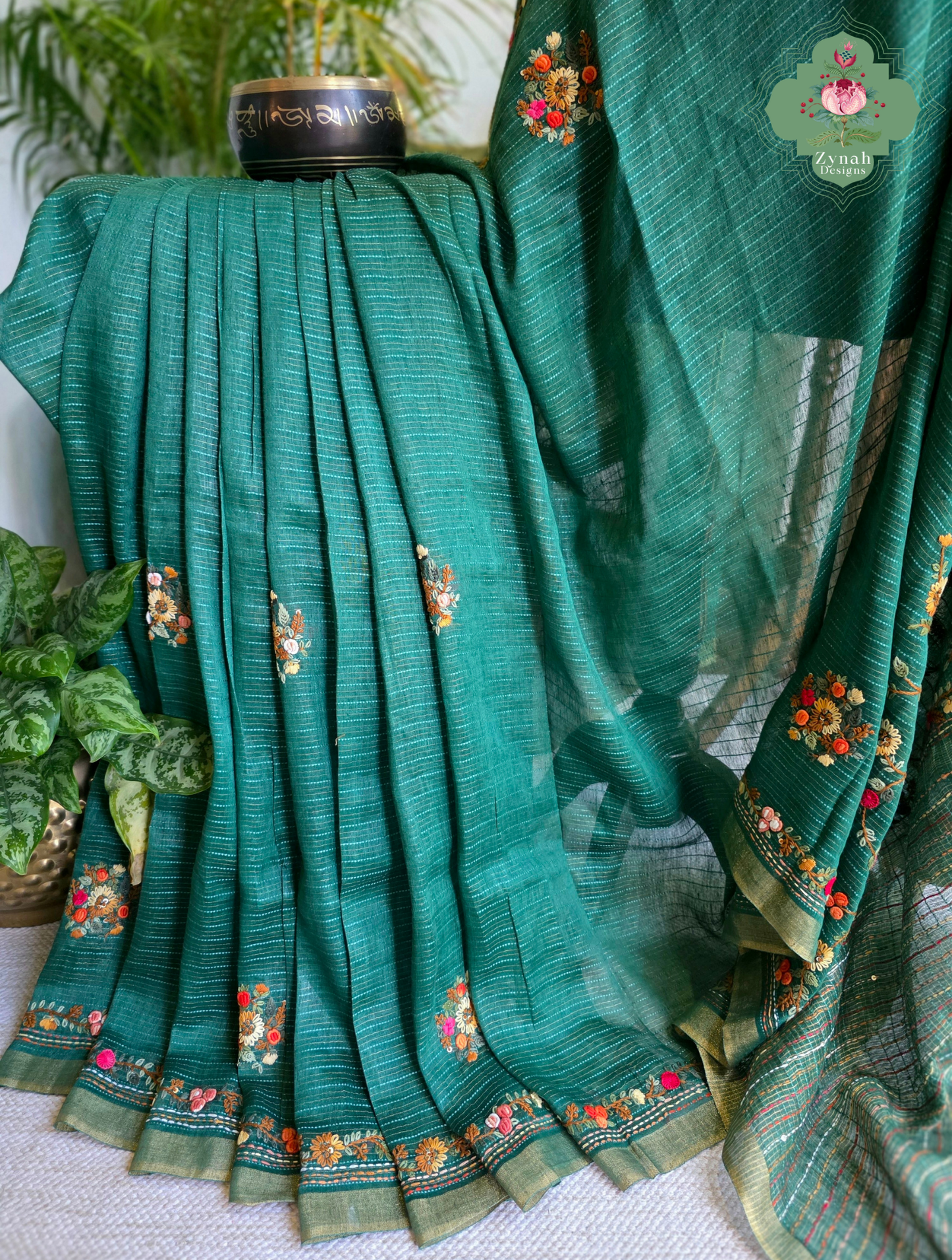 Ira | Green Pure Silk Linen Saree With Hand Embroidery