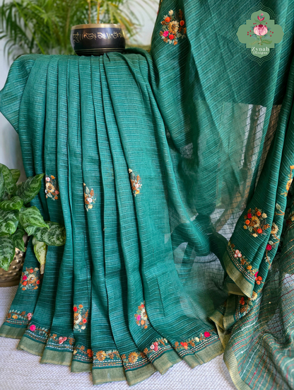 Ira | Green Pure Silk Linen Saree With Hand Embroidery