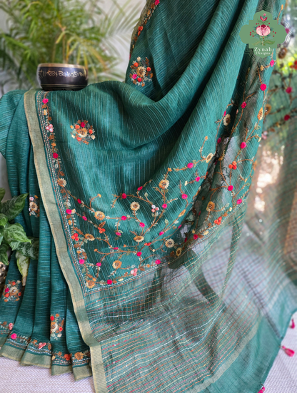Ira | Green Pure Silk Linen Saree With Hand Embroidery