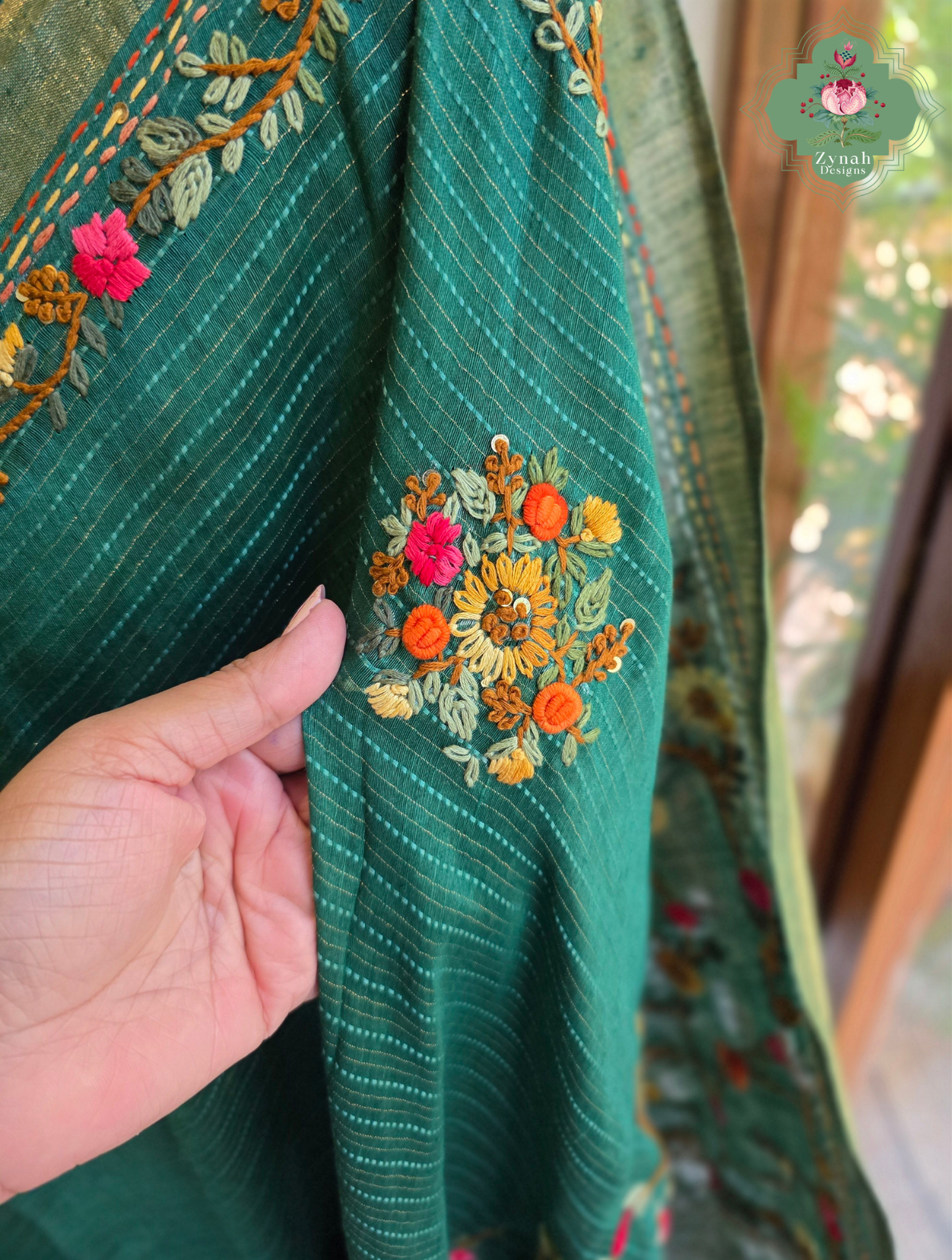 Ira | Green Pure Silk Linen Saree With Hand Embroidery