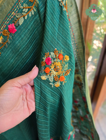 Ira | Green Pure Silk Linen Saree With Hand Embroidery