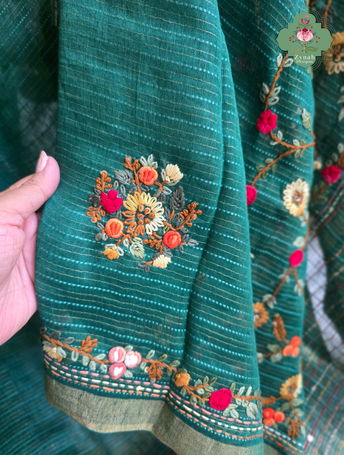 Ira | Green Pure Silk Linen Saree With Hand Embroidery