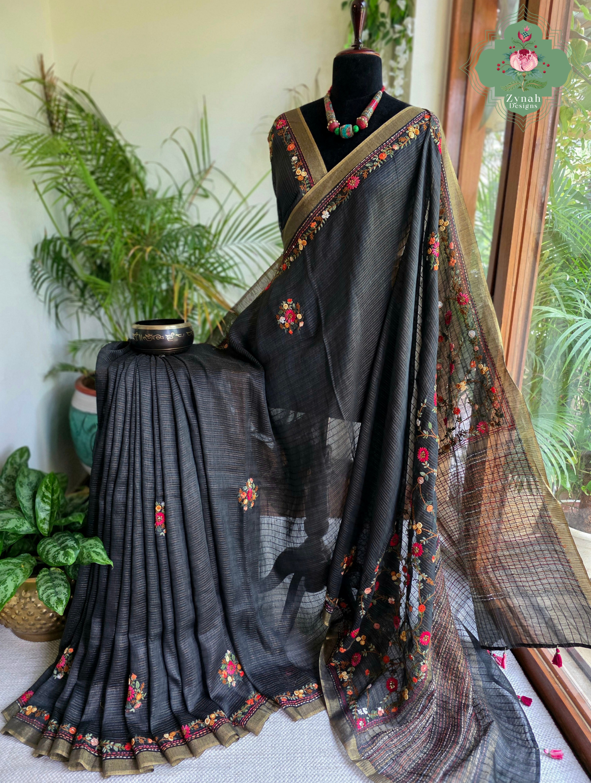 Ishita | Black Pure Silk Linen Saree With Hand Embroidery