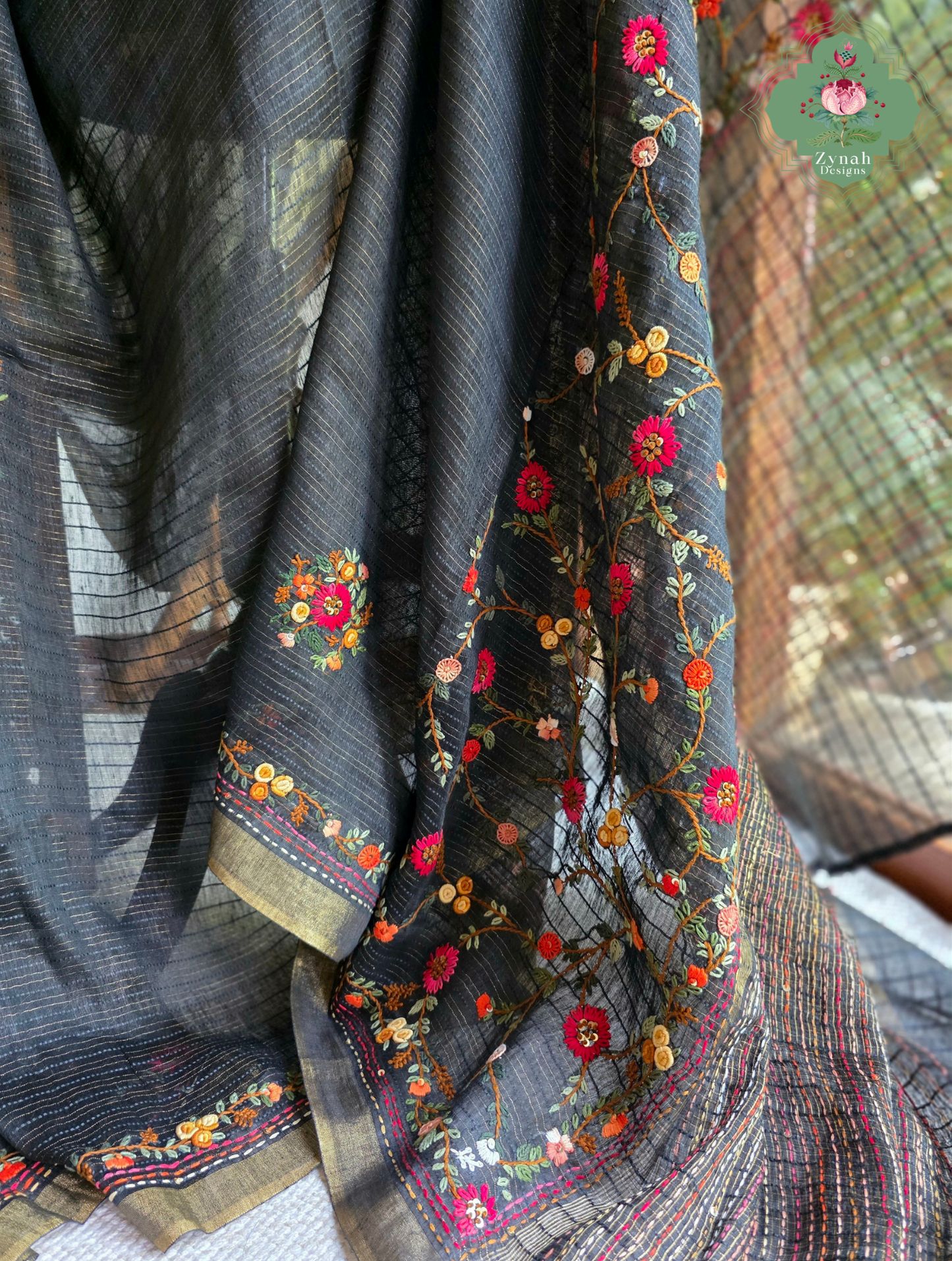Ishita | Black Pure Silk Linen Saree With Hand Embroidery