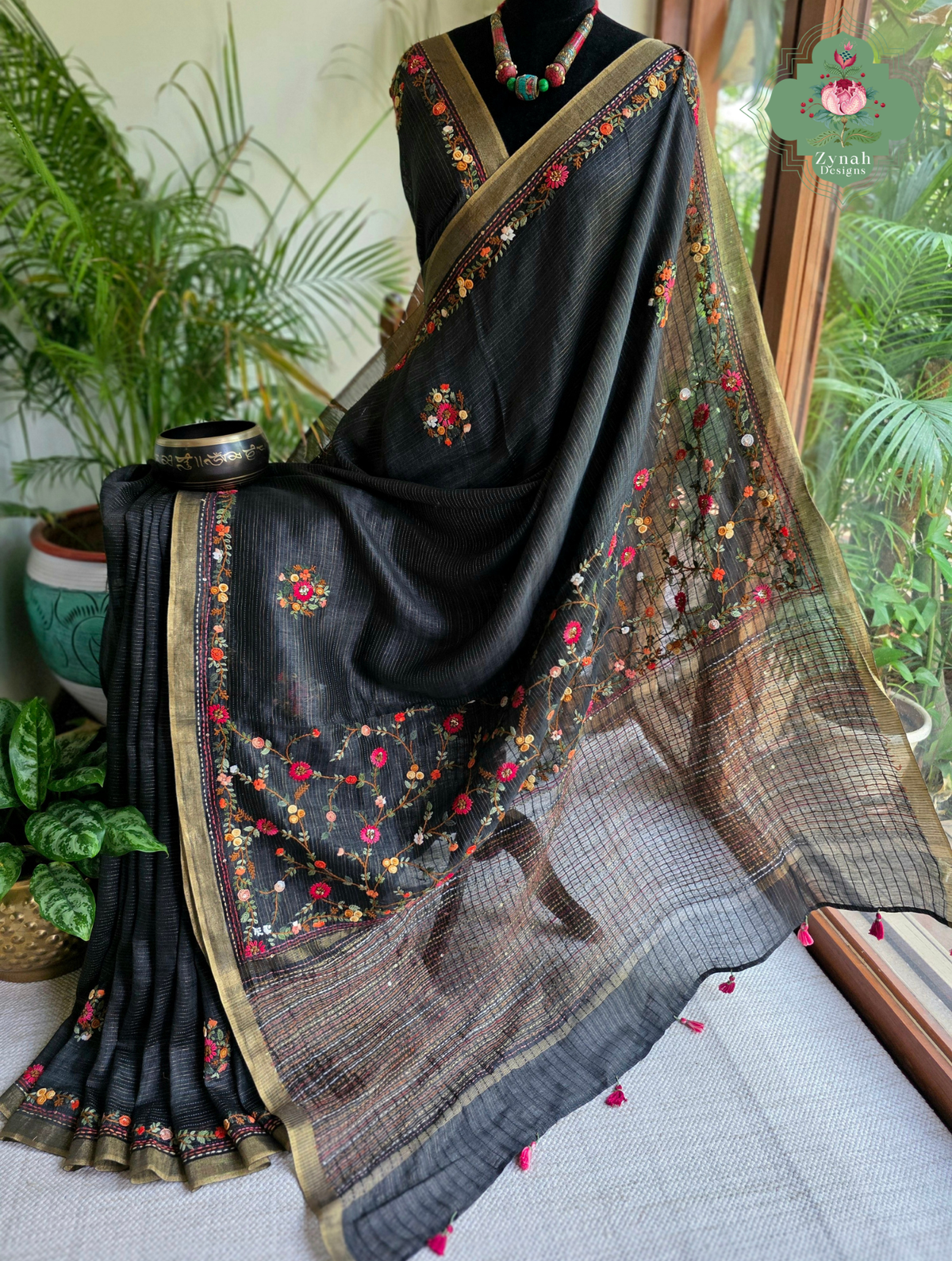 Ishita | Black Pure Silk Linen Saree With Hand Embroidery