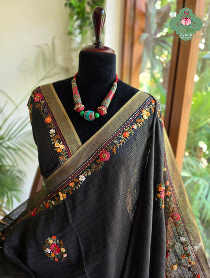 Ishita | Black Pure Silk Linen Saree With Hand Embroidery