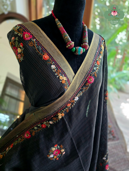 Ishita | Black Pure Silk Linen Saree With Hand Embroidery