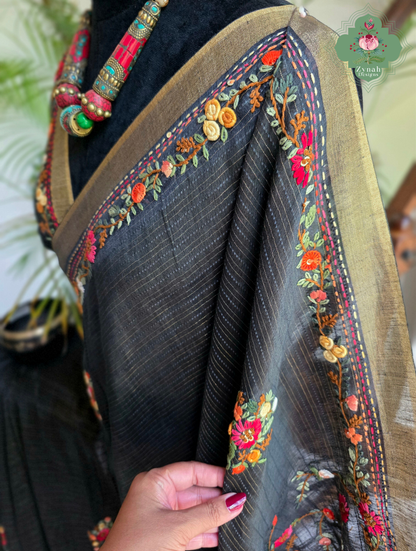 Ishita | Black Pure Silk Linen Saree With Hand Embroidery