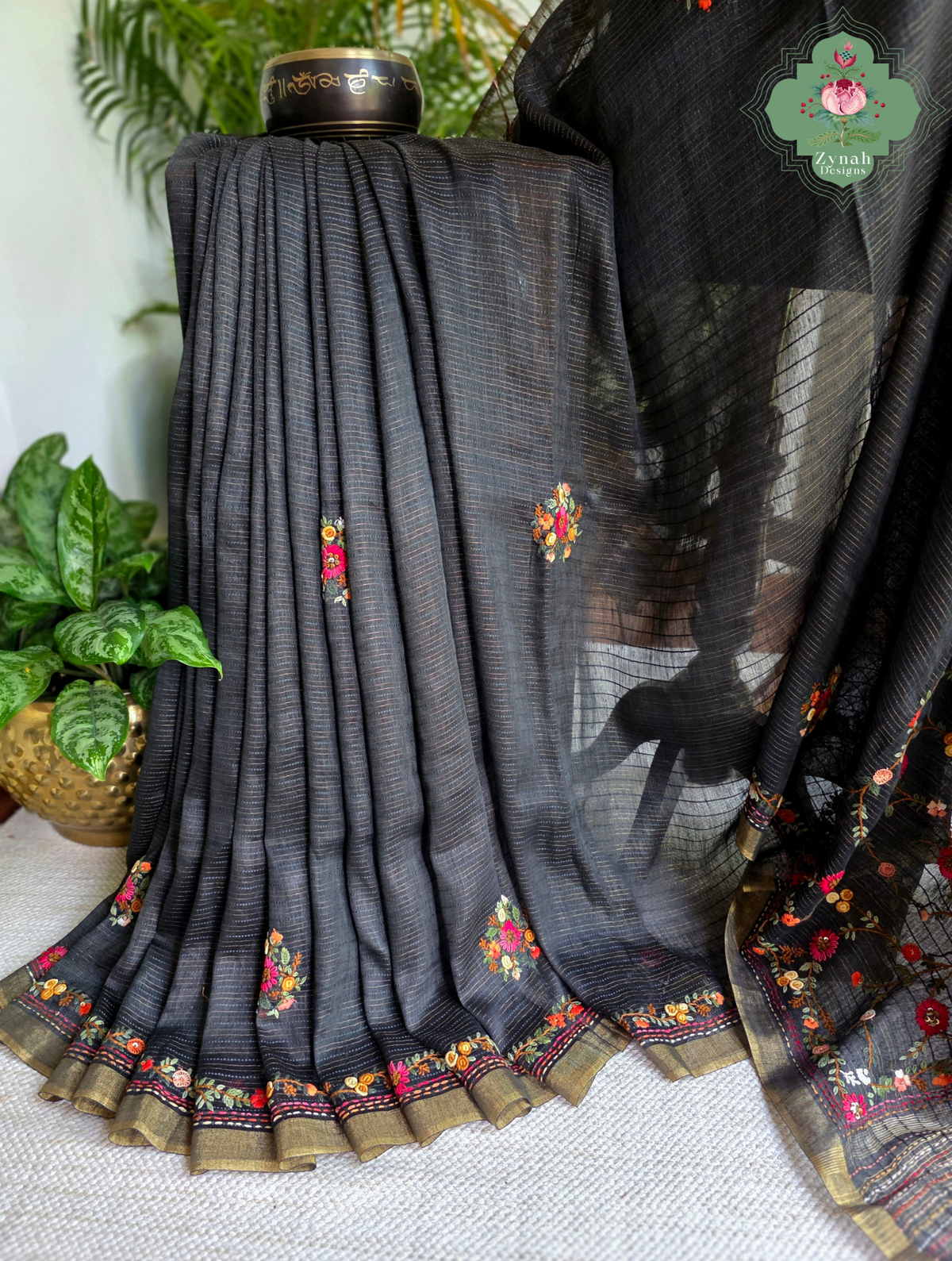 Ishita | Black Pure Silk Linen Saree With Hand Embroidery
