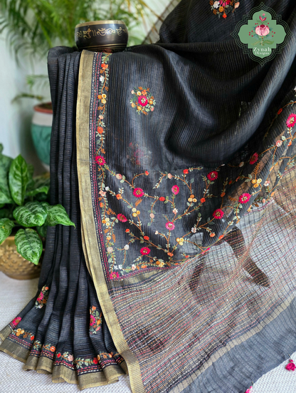 Ishita | Black Pure Silk Linen Saree With Hand Embroidery