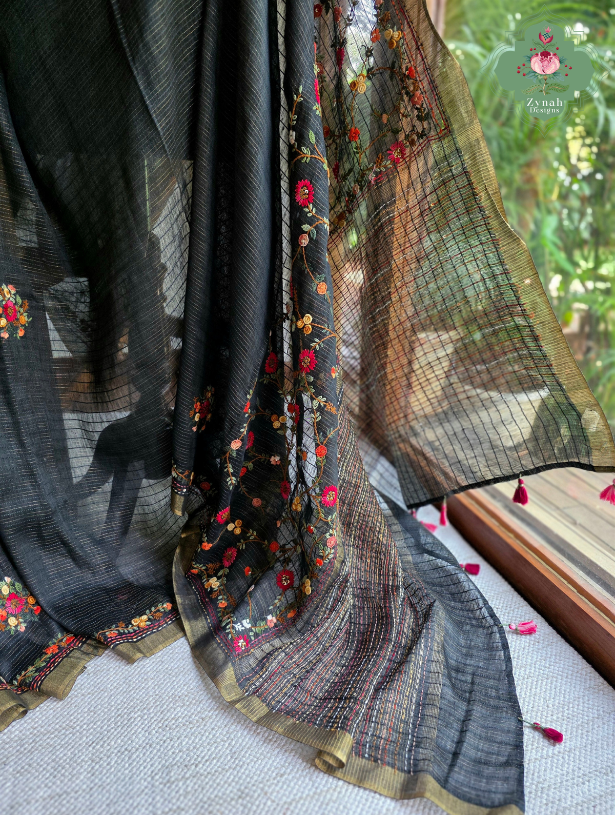 Ishita | Black Pure Silk Linen Saree With Hand Embroidery