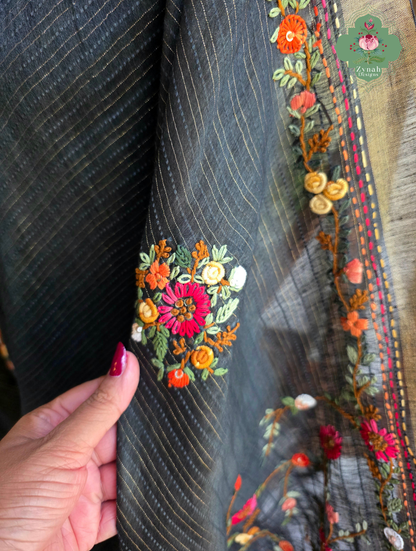 Ishita | Black Pure Silk Linen Saree With Hand Embroidery