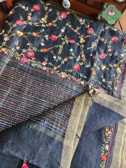 Ishita | Black Pure Silk Linen Saree With Hand Embroidery