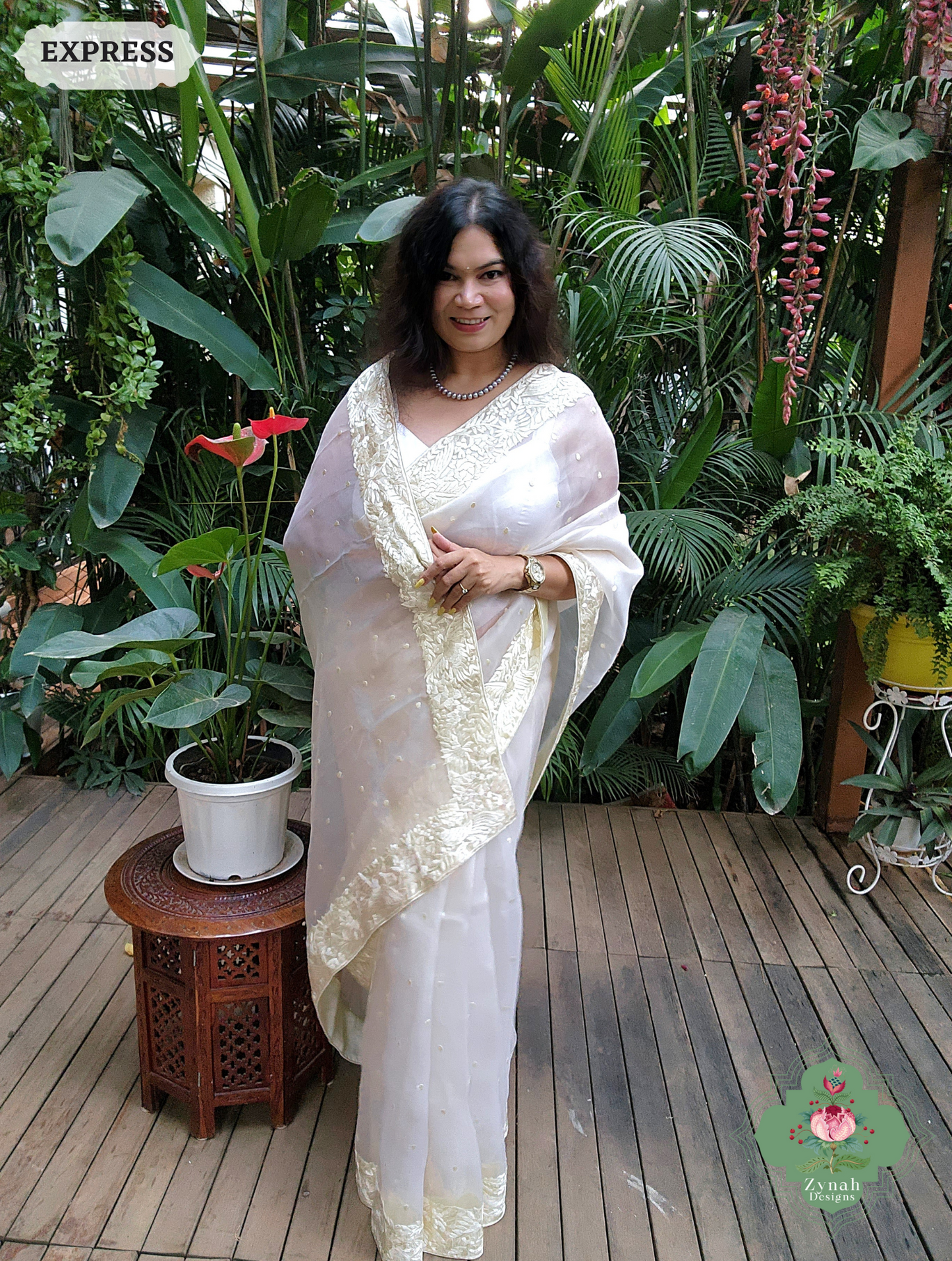 Zynah Made To Order Ivory Organza Silk Hand Embroidered Parsi Gara Saree With Bird & Floral Embroidery Border; Custom Stitched/Ready-made Blouse, Fall, Petticoat; SKU: 0912202403