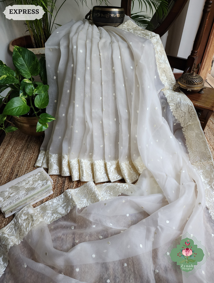 Zynah Made To Order Ivory Organza Silk Hand Embroidered Parsi Gara Saree With Bird & Floral Embroidery Border; Custom Stitched/Ready-made Blouse, Fall, Petticoat; SKU: 0912202403