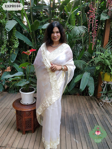 Zynah Ivory Organza Silk Hand Embroidered Parsi Gara Saree With Bird & Floral Embroidery Border; Custom Stitched/Ready-made Blouse, Fall, Petticoat; SKU: 0912202403