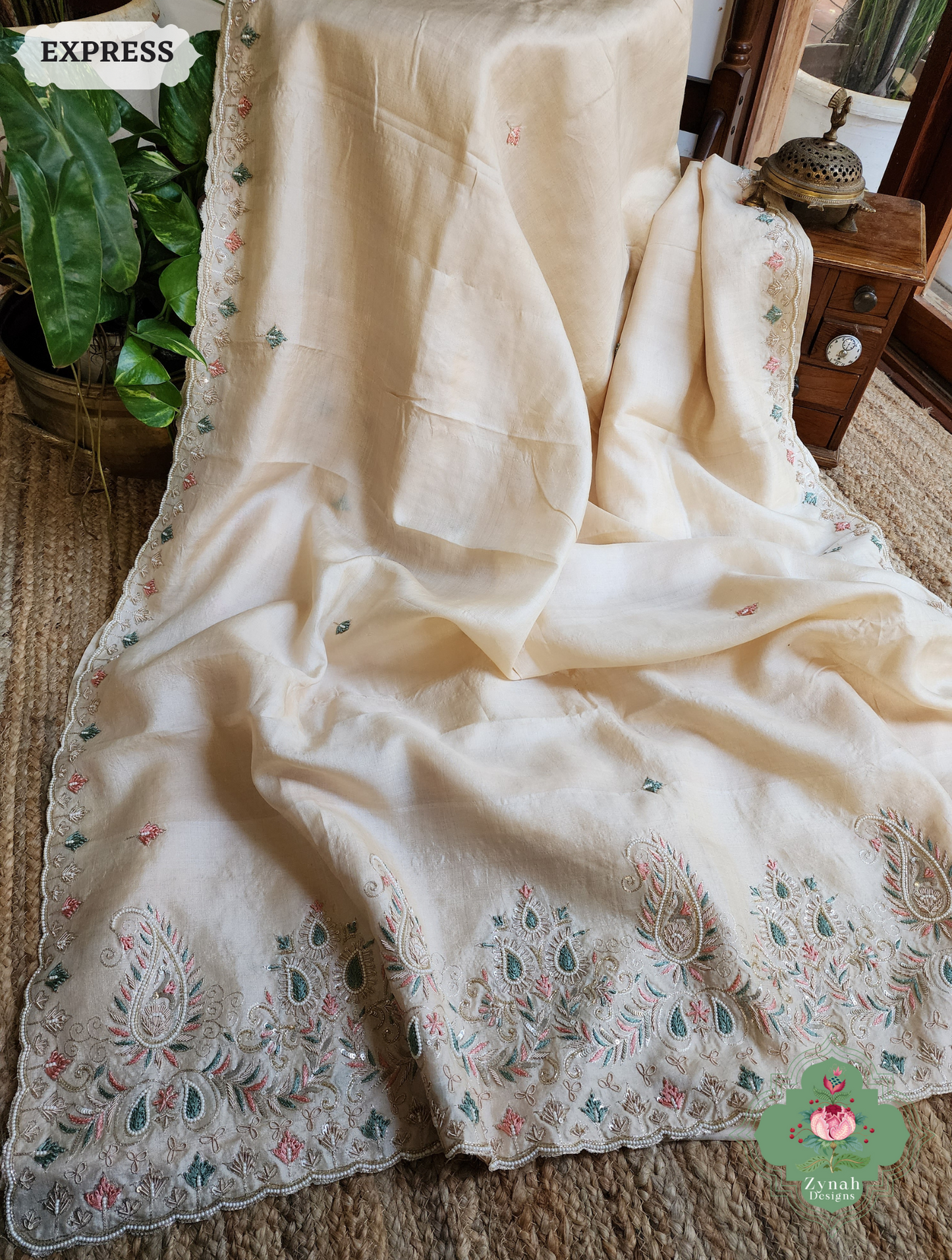 Zynah Ivory Pure Tussar Silk Saree With Zardosi, Pearls & Sequins Hand Embellishments With Resham Thread Embroidery; Custom Stitched/Ready-made Blouse, Fall, Petticoat; SKU: 2101202502