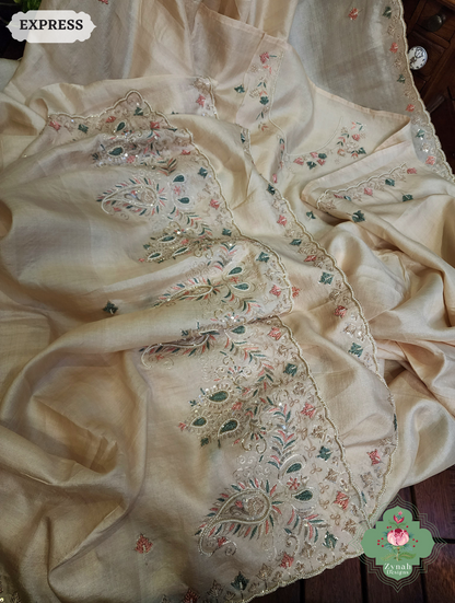 Zynah Ivory Pure Tussar Silk Saree With Zardosi, Pearls & Sequins Hand Embellishments With Resham Thread Embroidery; Custom Stitched/Ready-made Blouse, Fall, Petticoat; SKU: 2101202502