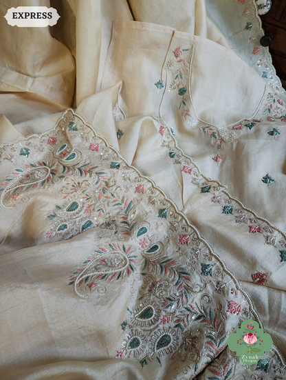 Zynah Ivory Pure Tussar Silk Saree With Zardosi, Pearls & Sequins Hand Embellishments With Resham Thread Embroidery; Custom Stitched/Ready-made Blouse, Fall, Petticoat; SKU: 2101202502