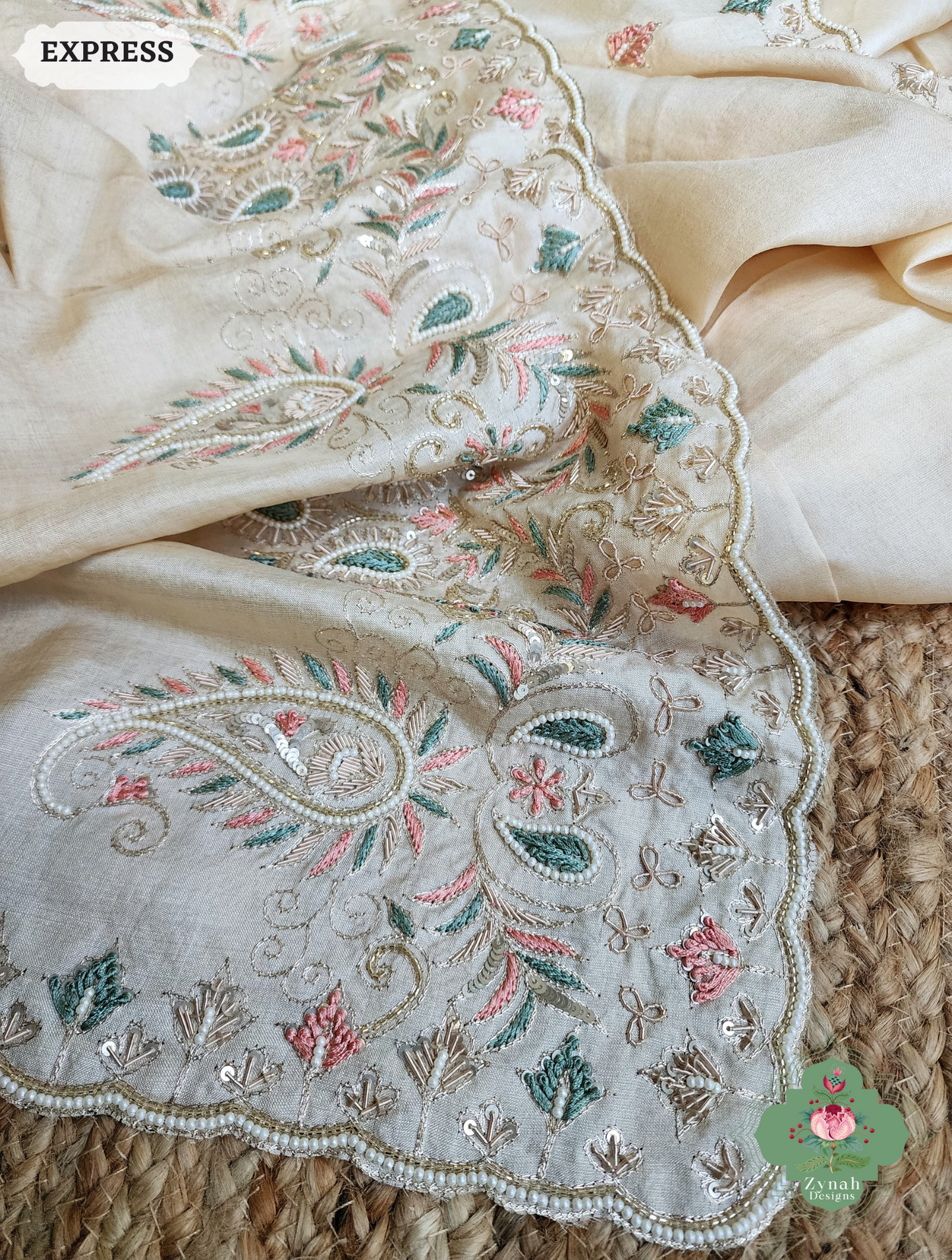 Zynah Ivory Pure Tussar Silk Saree With Zardosi, Pearls & Sequins Hand Embellishments With Resham Thread Embroidery; Custom Stitched/Ready-made Blouse, Fall, Petticoat; SKU: 2101202502