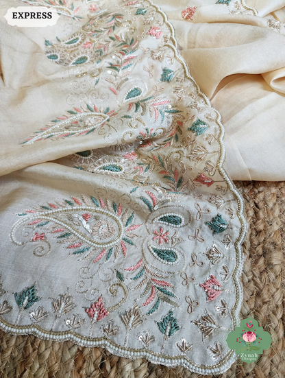 Zynah Ivory Pure Tussar Silk Saree With Zardosi, Pearls & Sequins Hand Embellishments With Resham Thread Embroidery; Custom Stitched/Ready-made Blouse, Fall, Petticoat; SKU: 2101202502