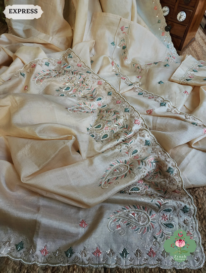 Zynah Ivory Pure Tussar Silk Saree With Zardosi, Pearls & Sequins Hand Embellishments With Resham Thread Embroidery; Custom Stitched/Ready-made Blouse, Fall, Petticoat; SKU: 2101202502