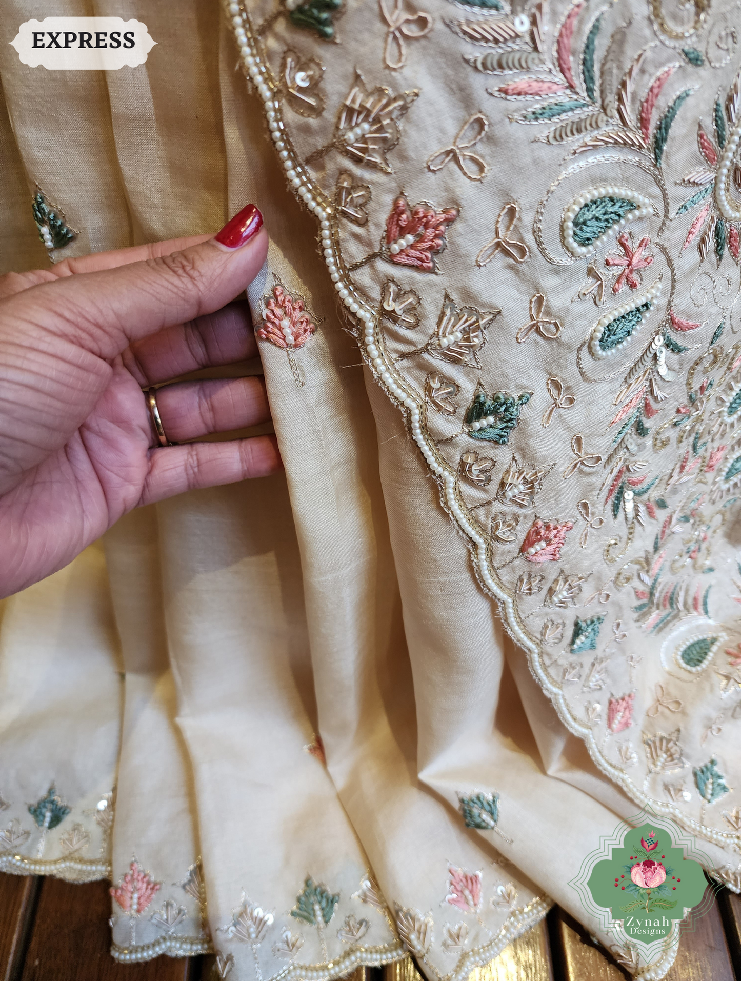 Zynah Ivory Pure Tussar Silk Saree With Zardosi, Pearls & Sequins Hand Embellishments With Resham Thread Embroidery; Custom Stitched/Ready-made Blouse, Fall, Petticoat; SKU: 2101202502