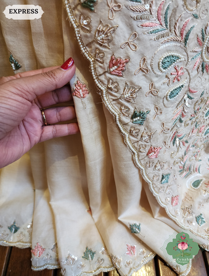 Zynah Ivory Pure Tussar Silk Saree With Zardosi, Pearls & Sequins Hand Embellishments With Resham Thread Embroidery; Custom Stitched/Ready-made Blouse, Fall, Petticoat; SKU: 2101202502