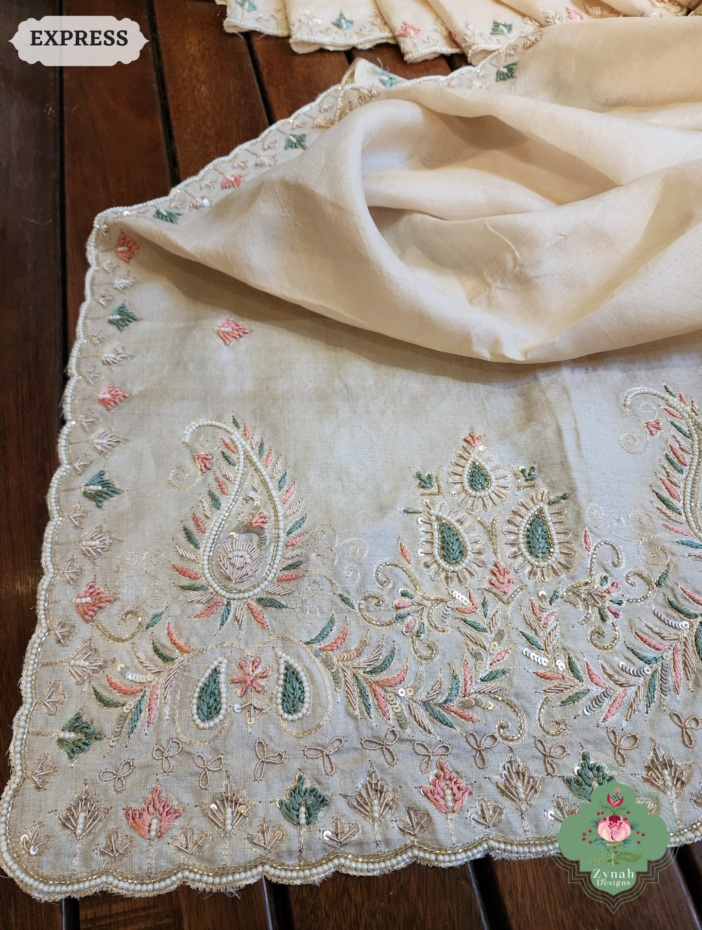 Zynah Ivory Pure Tussar Silk Saree With Zardosi, Pearls & Sequins Hand Embellishments With Resham Thread Embroidery; Custom Stitched/Ready-made Blouse, Fall, Petticoat; SKU: 2101202502